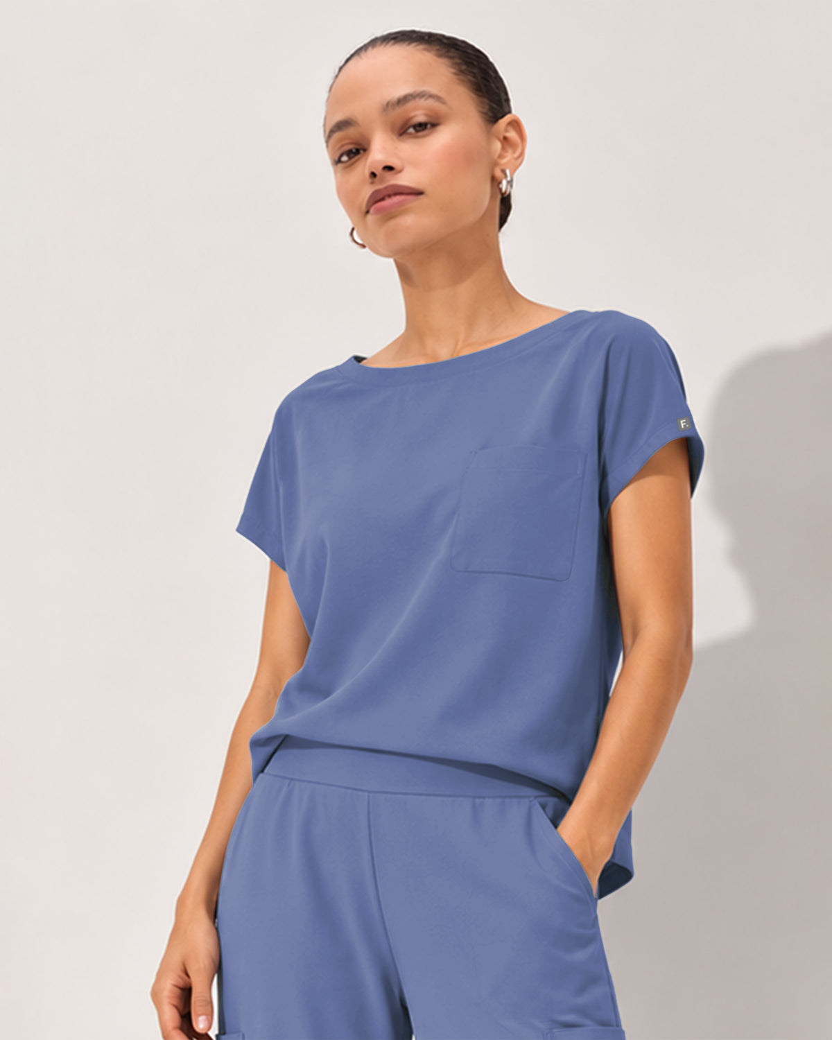 Foundry Women's 1215 Rowan 1 Pocket Boat Neck Dolman Top Ceil Blue