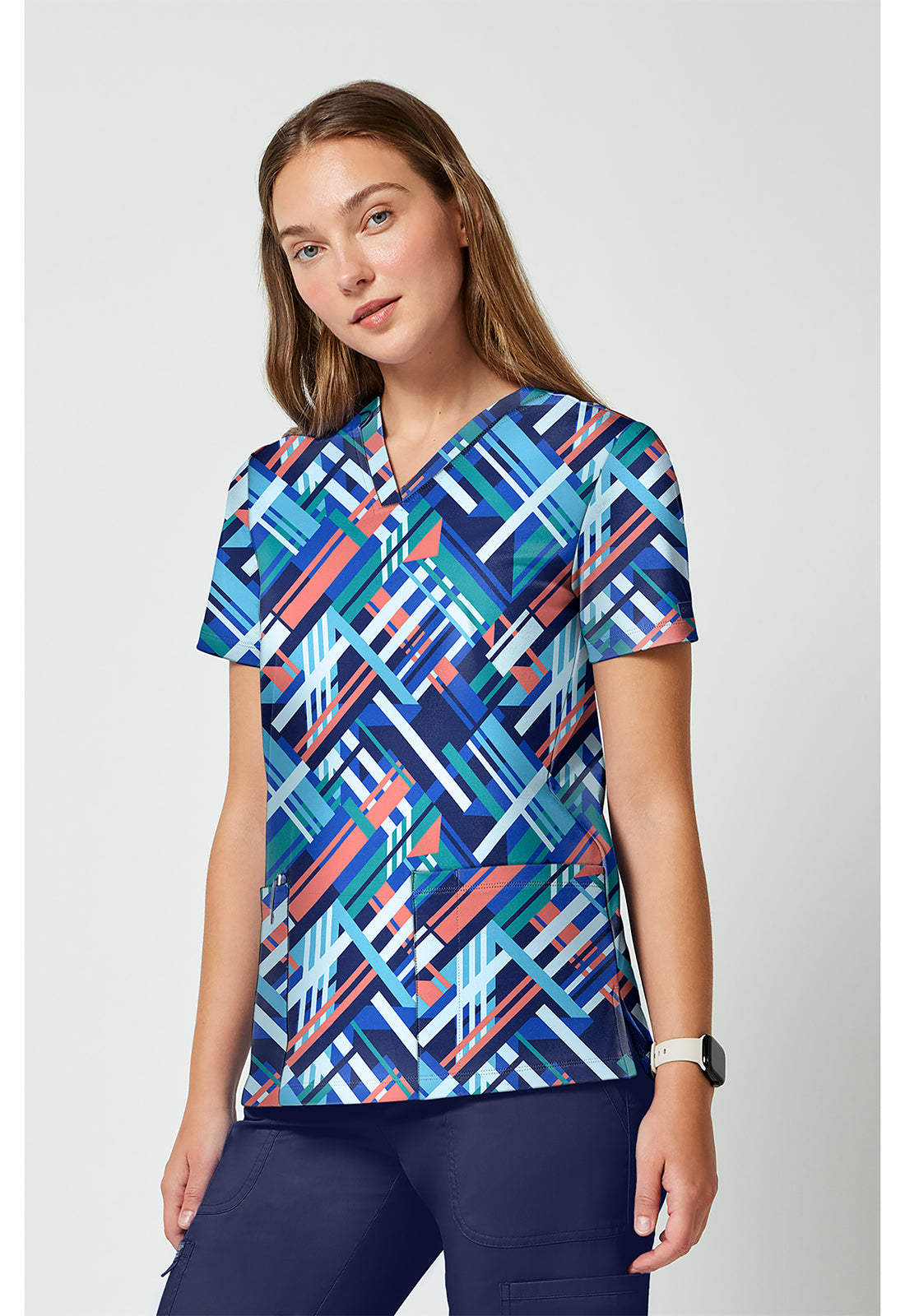 Achieve CK00010 Women's 2 Pocket Print Scrub Top Bright Geo