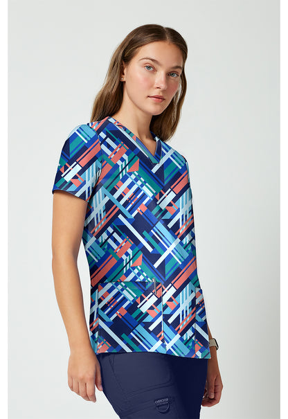 Achieve CK00010 Women's 2 Pocket Print Scrub Top Bright Geo