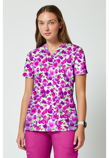 Achieve CK00010 Women's 2 Pocket Print Scrub Top Dissolving Blooms