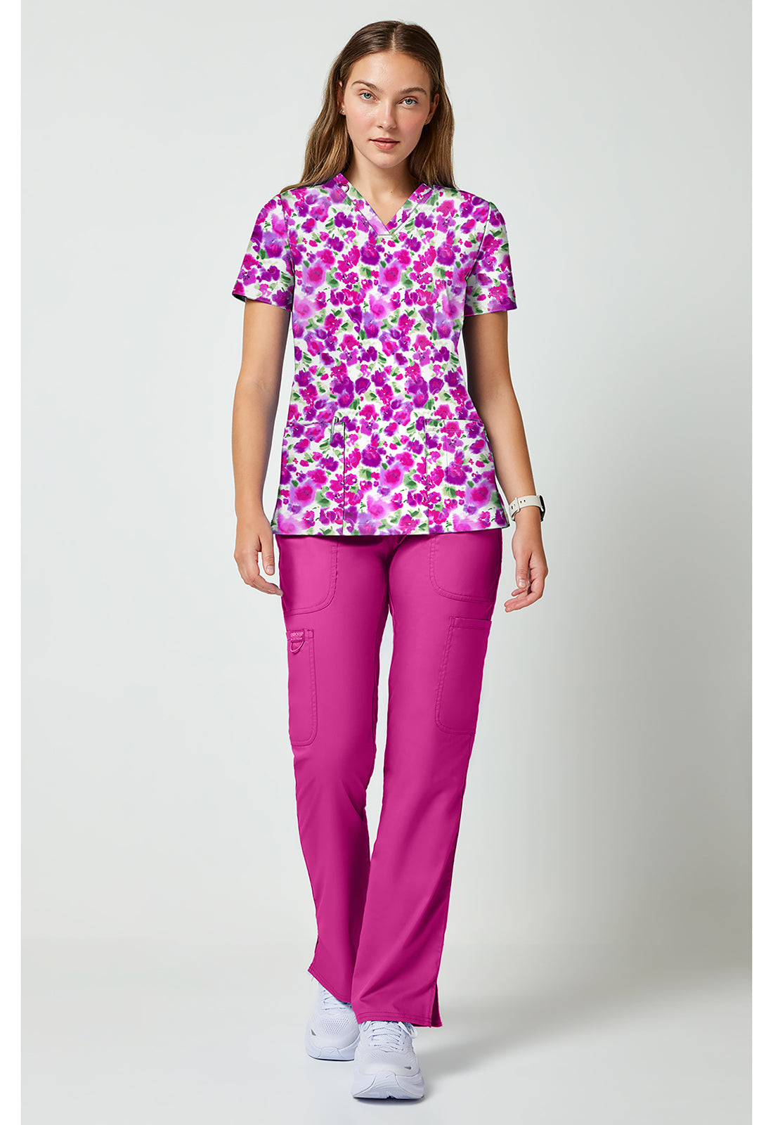 Achieve CK00010 Women's 2 Pocket Print Scrub Top Dissolving Blooms