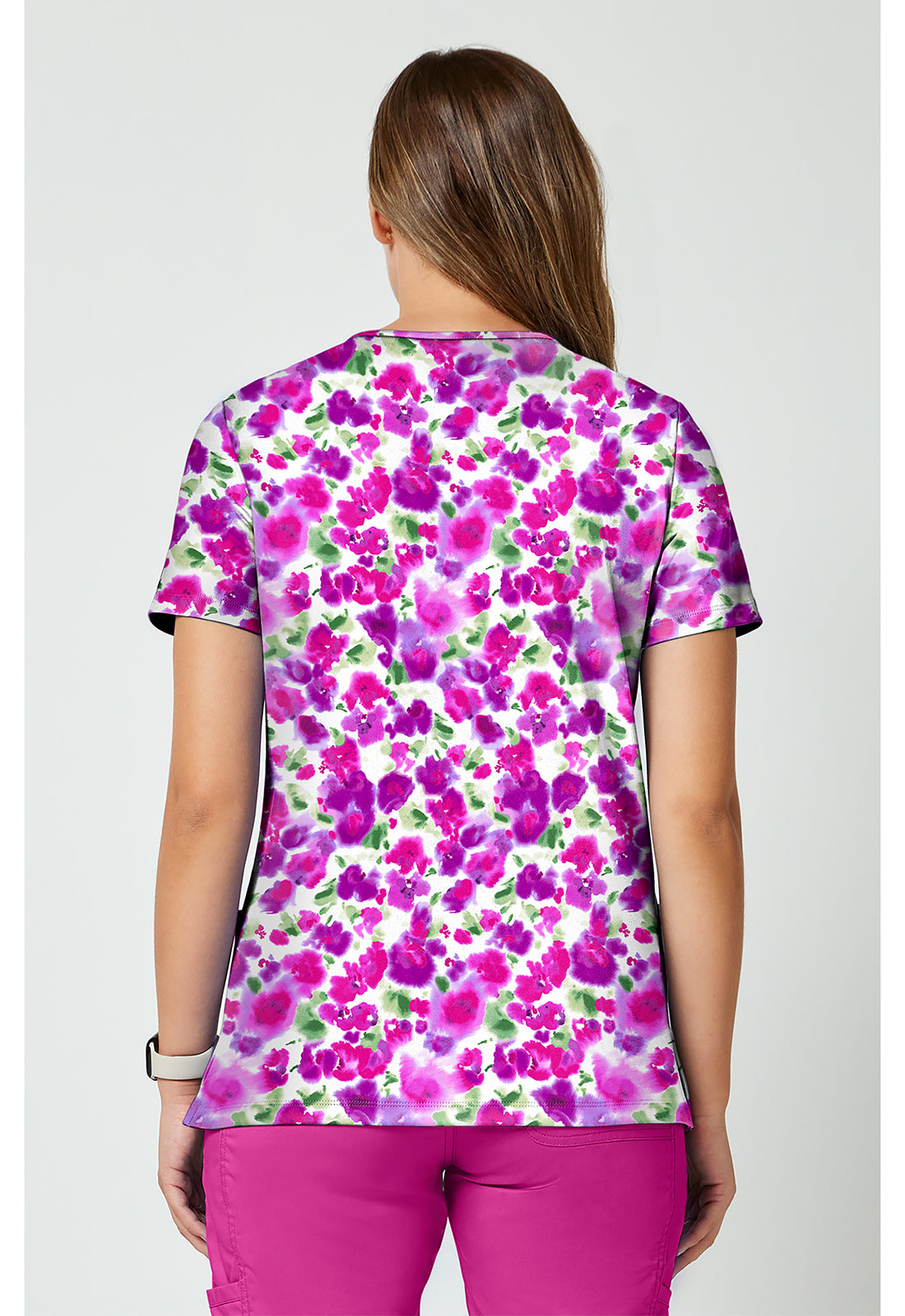 Achieve CK00010 Women's 2 Pocket Print Scrub Top Dissolving Blooms