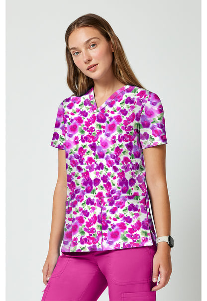 Achieve CK00010 Women's 2 Pocket Print Scrub Top Dissolving Blooms