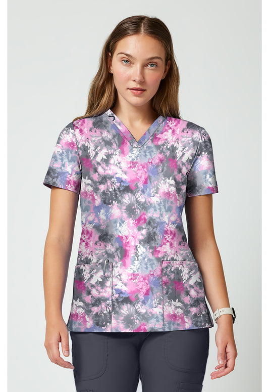 Achieve CK00010 Women's 2 Pocket Print Scrub Top Tie Dye Petals