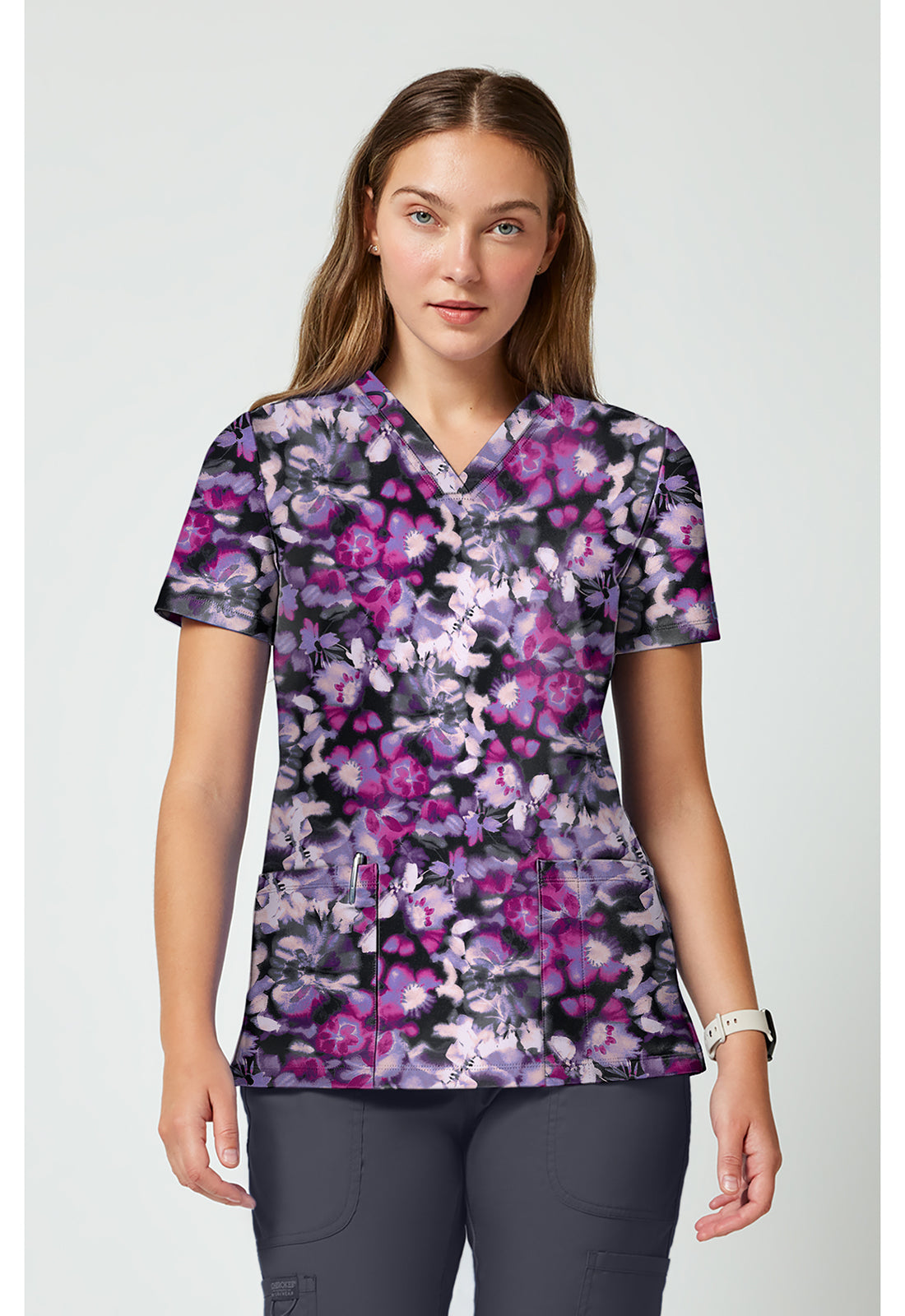 Achieve CK00010 Women's 2 Pocket Print Scrub Top Watercolor Blooms