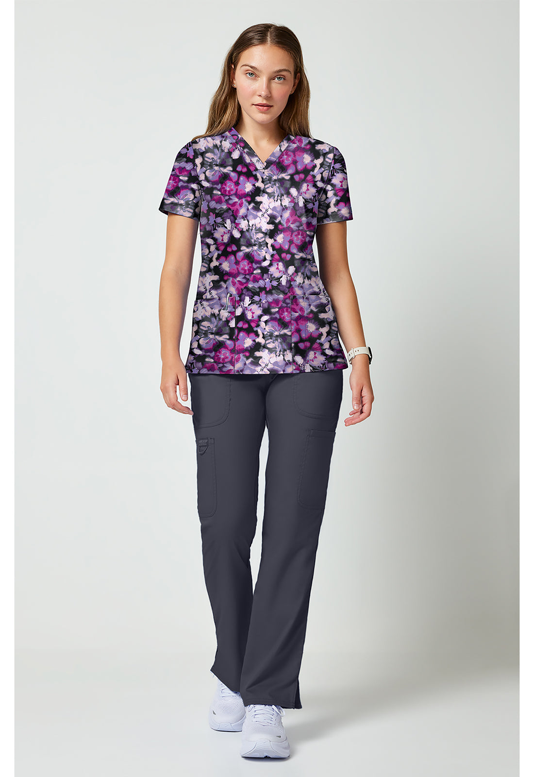 Achieve CK00010 Women's 2 Pocket Print Scrub Top Watercolor Blooms