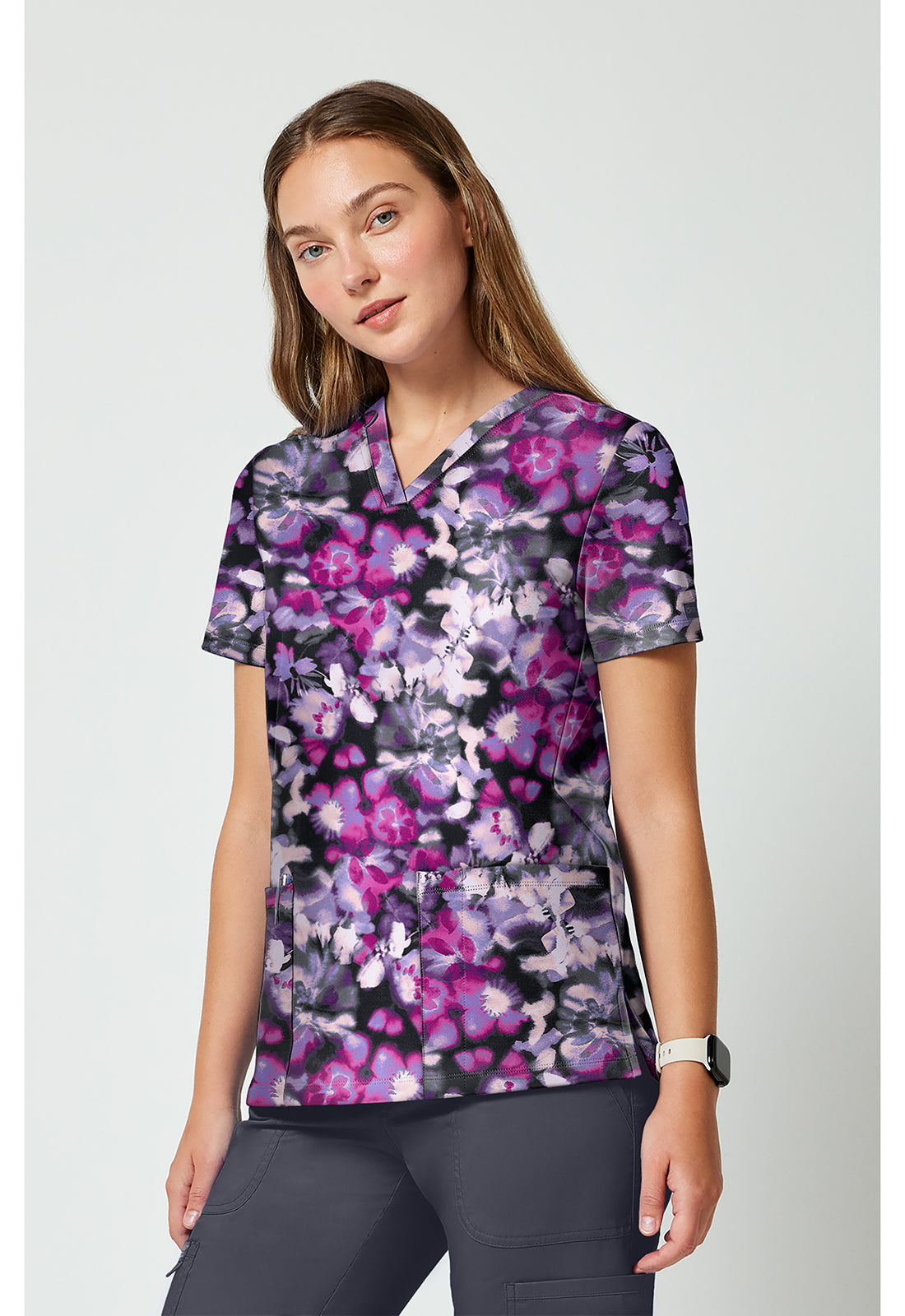 Achieve CK00010 Women's 2 Pocket Print Scrub Top Watercolor Blooms