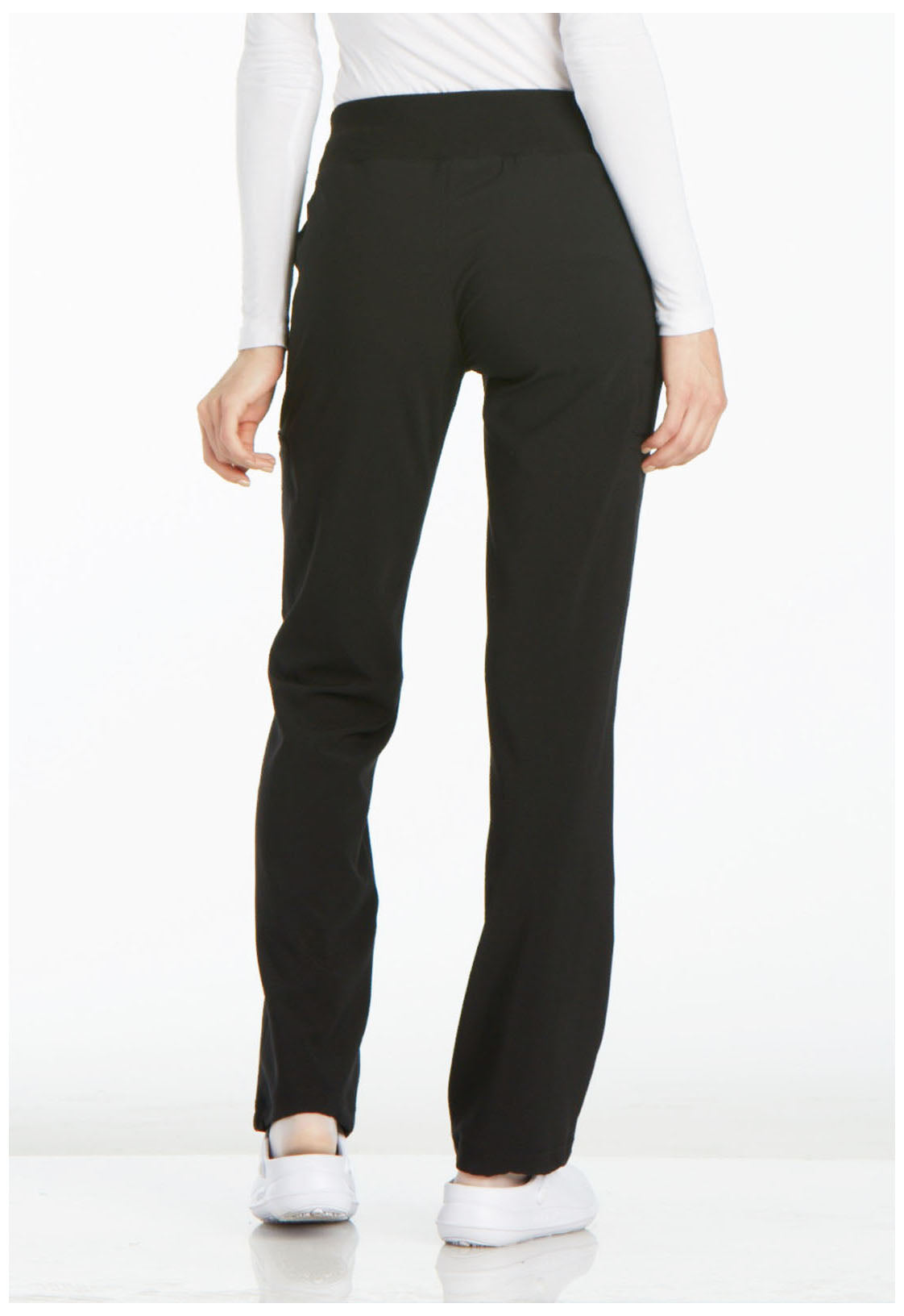 iFlex CK002 Mid Rise Straight Leg Pull-on Pants Black Model Image Back | Cherokee