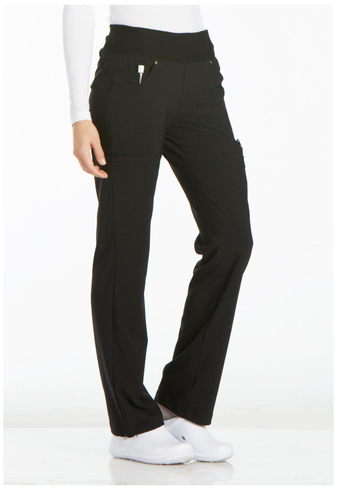 iFlex CK002 Mid Rise Straight Leg Pull-on Pants Black Model Image Left Side | Cherokee