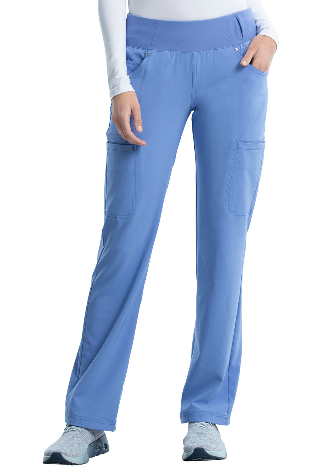 iFlex CK002 Mid Rise Straight Leg Pull-on Pants Ciel Model Image Front | Cherokee