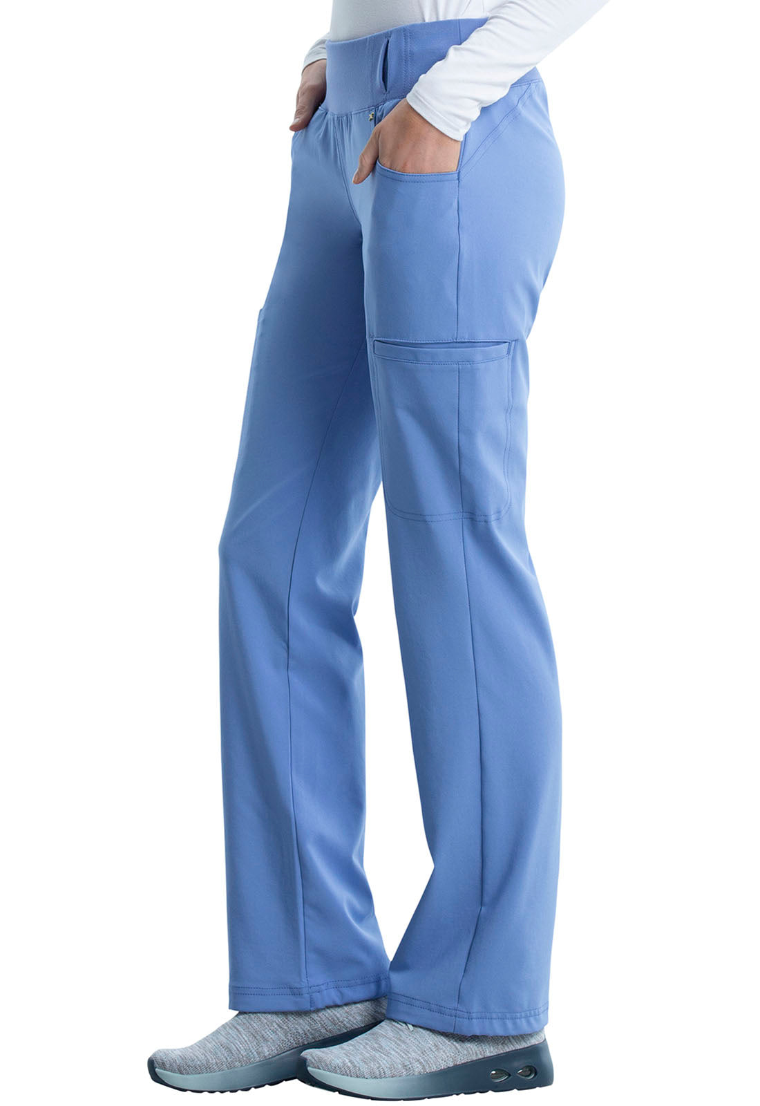 iFlex CK002 Mid Rise Straight Leg Pull-on Pants Ciel Model Image Right Side | Cherokee