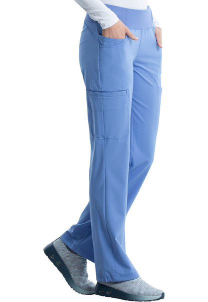 iFlex CK002 Mid Rise Straight Leg Pull-on Pants Ciel Model Image Left Side | Cherokee