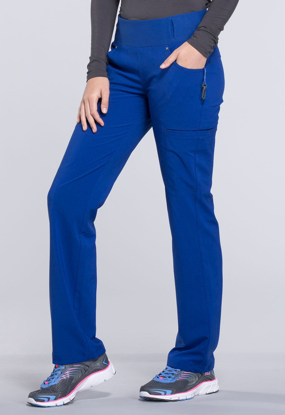 iFlex CK002 Mid Rise Straight Leg Pull-on Pants Galaxy Blue Model Image Right Side | Cherokee