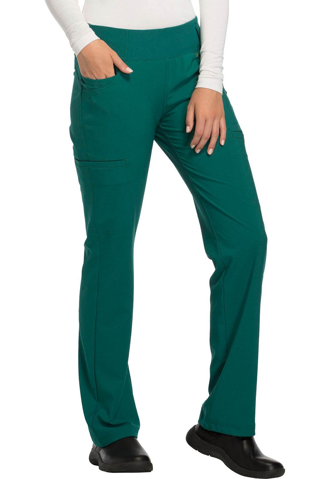 iFlex CK002 Mid Rise Straight Leg Pull-on Pants Hunter Green Model Image Left Side | Cherokee