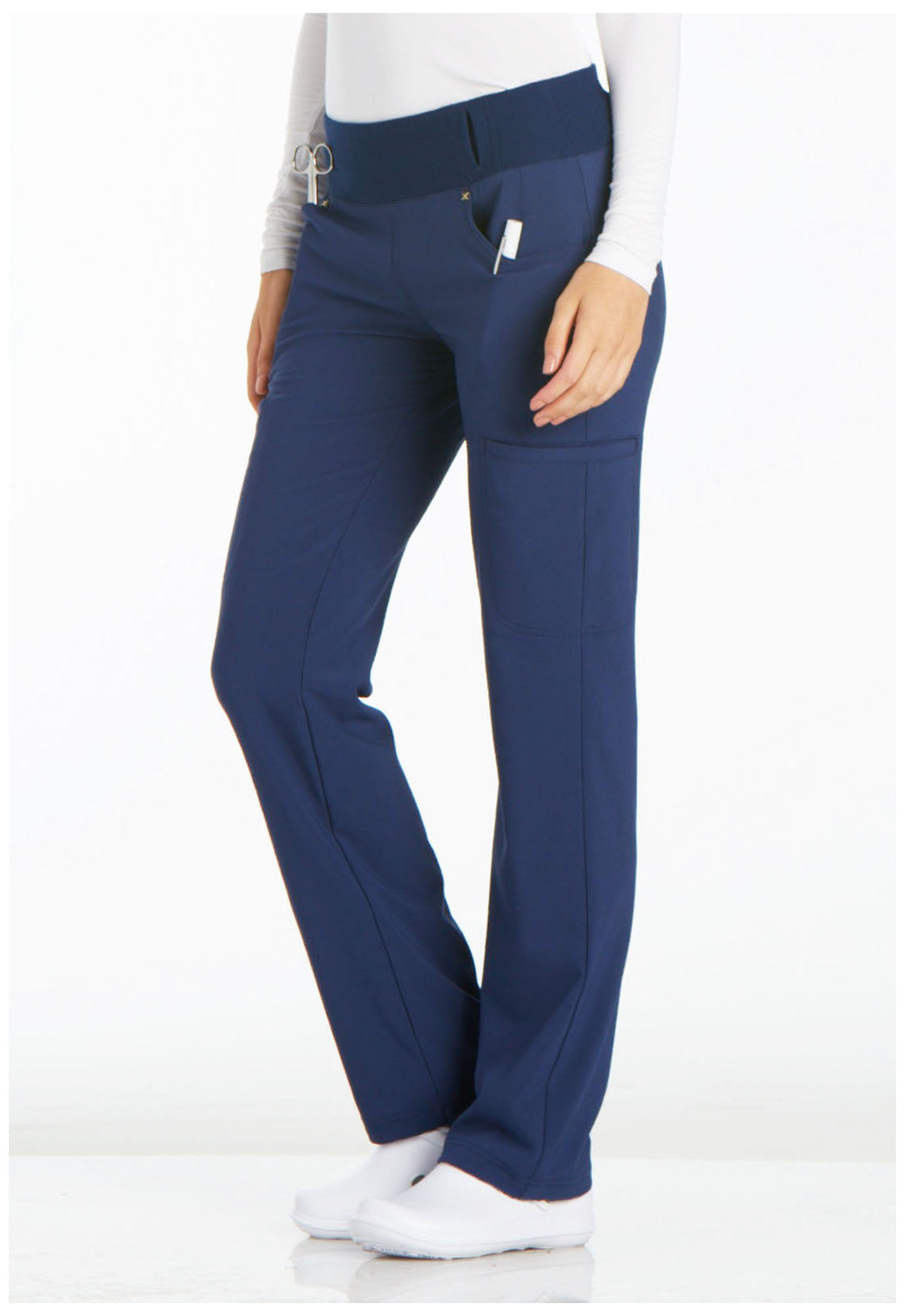 iFlex CK002 Mid Rise Straight Leg Pull-on Pants Navy Model Image Right Side | Cherokee