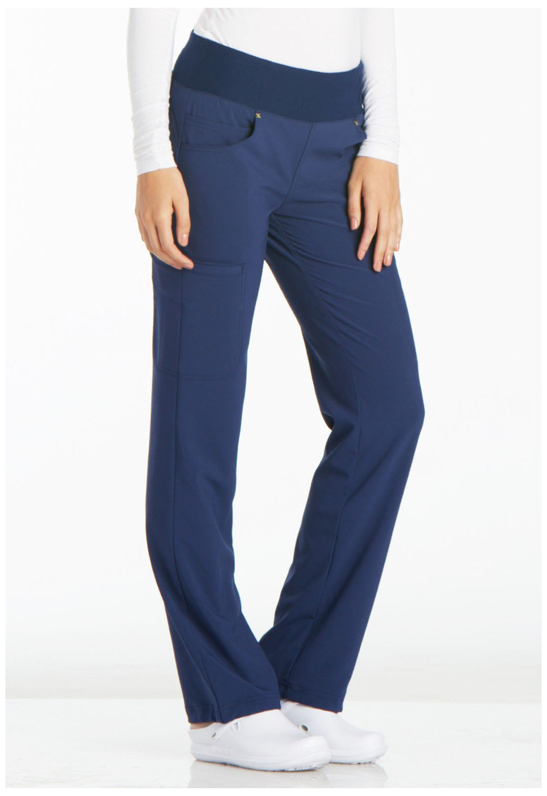 iFlex CK002 Mid Rise Straight Leg Pull-on Pants Navy Model Image Left Side | Cherokee