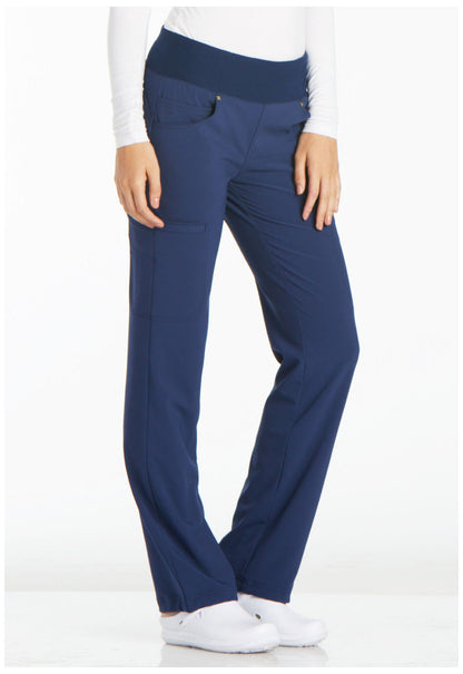 iFlex CK002 Mid Rise Straight Leg Pull-on Pants Navy Model Image Left Side | Cherokee