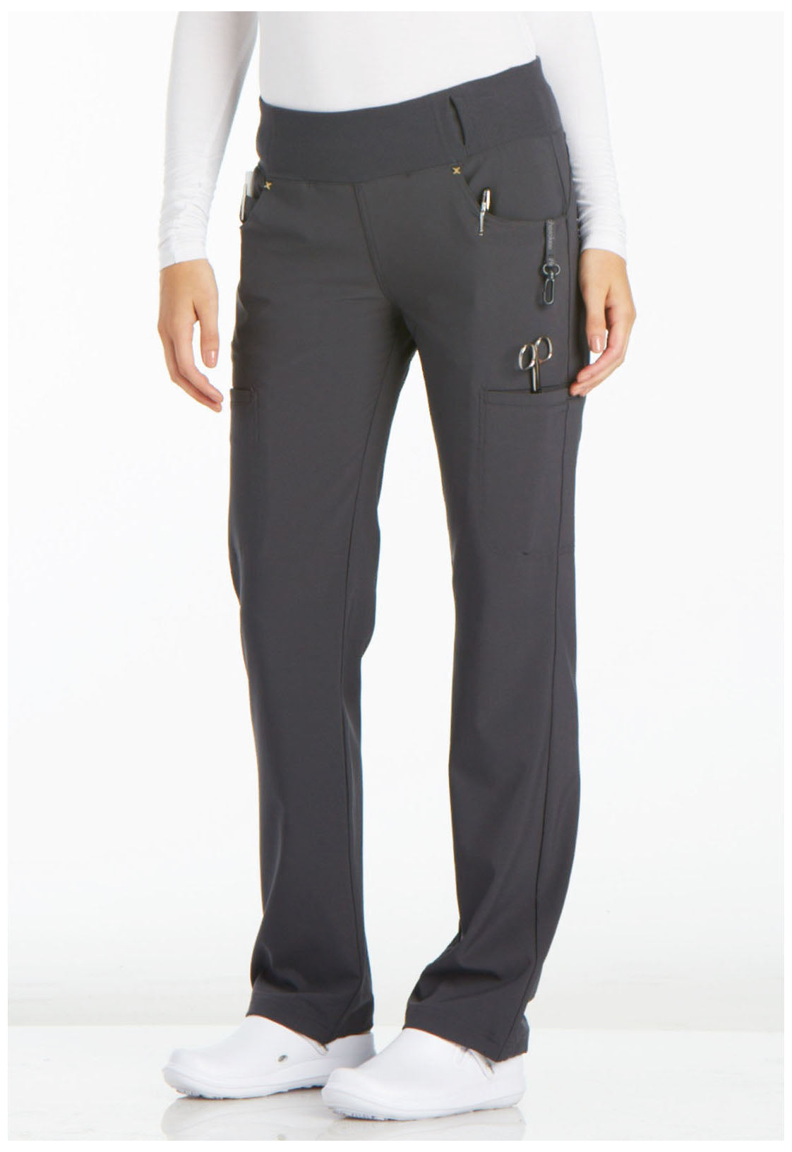 iFlex CK002 Mid Rise Straight Leg Pull-on Pants Pewter Model Image Right Side | Cherokee