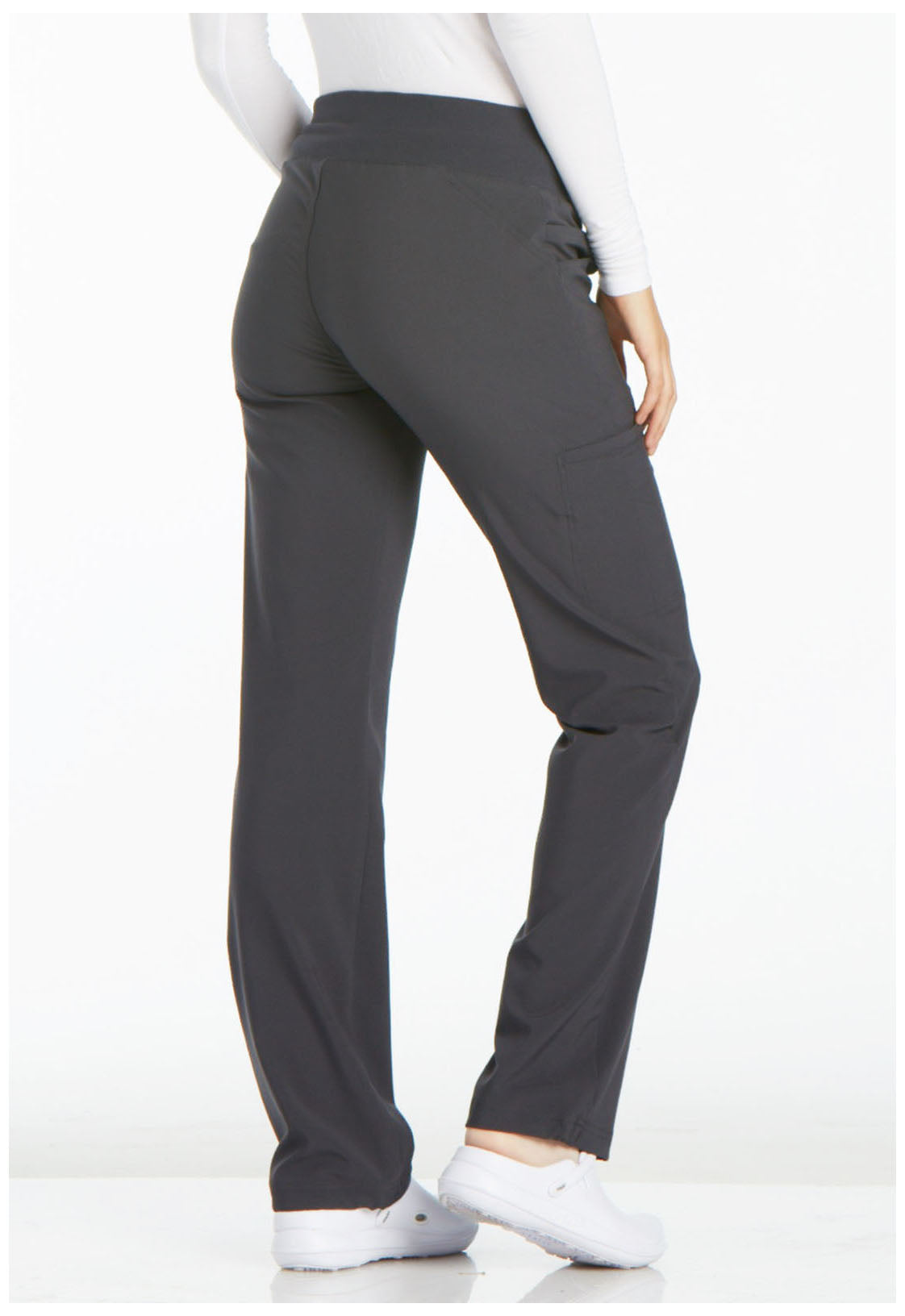 iFlex CK002 Mid Rise Straight Leg Pull-on Pants Pewter Model Image Left Side | Cherokee