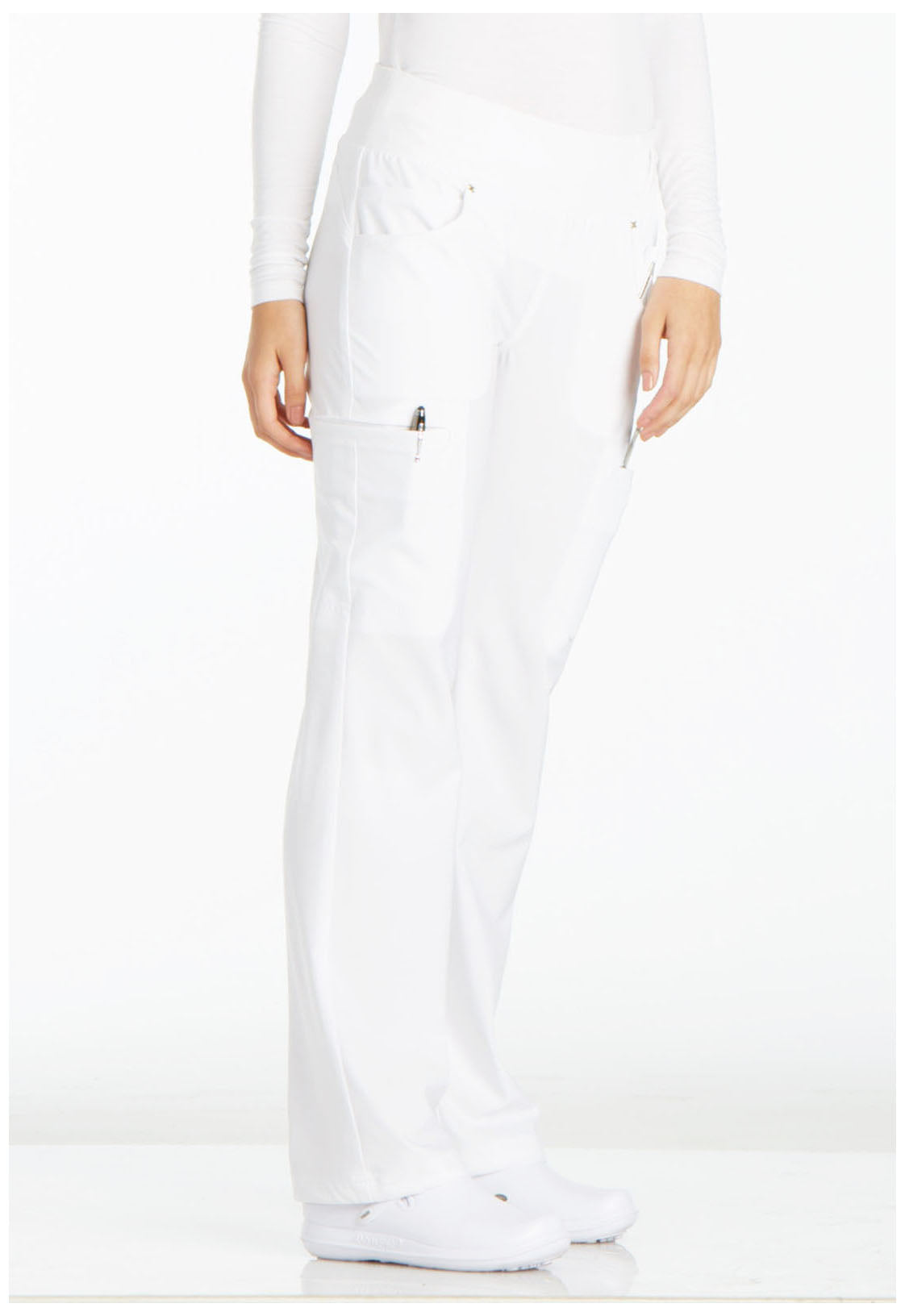 iFlex CK002 Mid Rise Straight Leg Pull-on Pants White Model Image Left Side | Cherokee