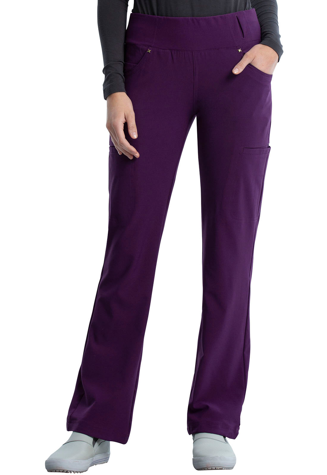 iFlex CK002 Mid Rise Straight Leg Pull-on Pants Eggplant Model Image Front | Cherokee