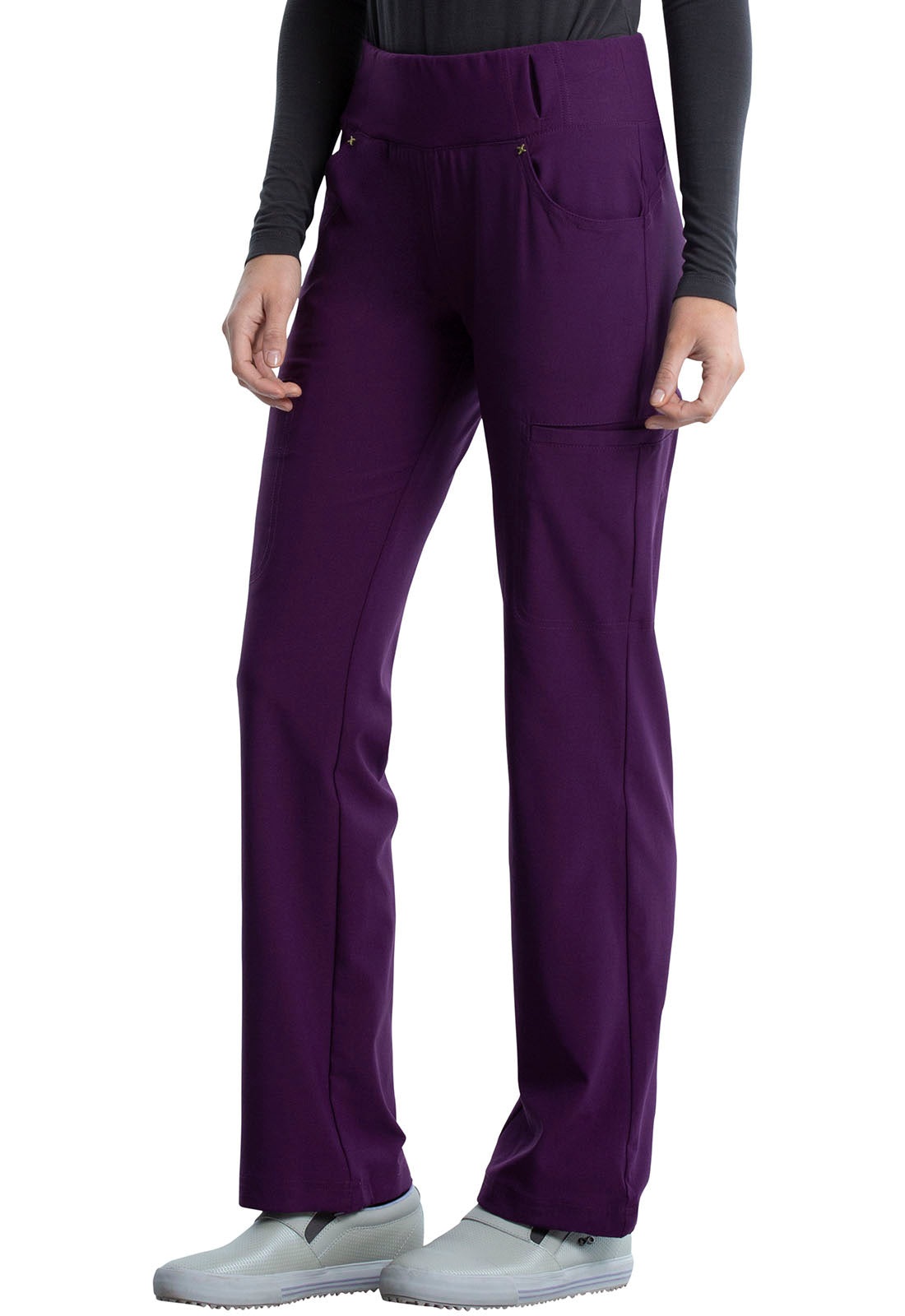 iFlex CK002 Mid Rise Straight Leg Pull-on Pants Eggplant Model Image Right Side | Cherokee