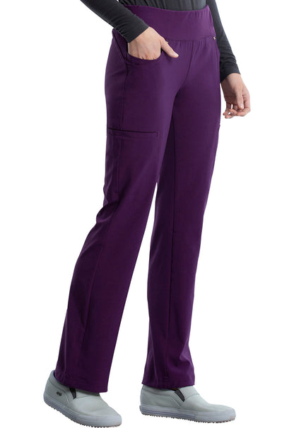 iFlex CK002 Mid Rise Straight Leg Pull-on Pants Eggplant Model Image Left Side | Cherokee