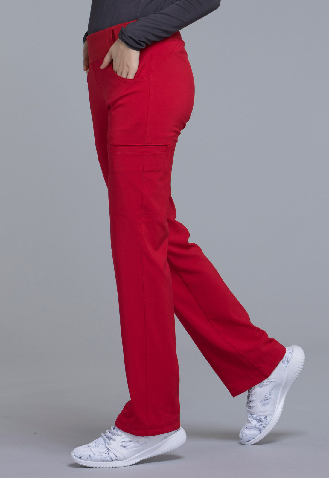 iFlex CK002 Mid Rise Straight Leg Pull-on Pants Red Model Image Right Side | Cherokee