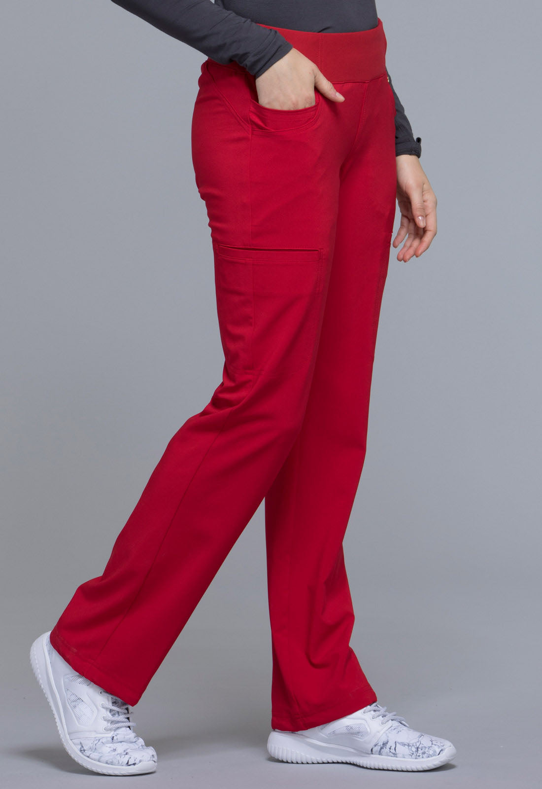 iFlex CK002 Mid Rise Straight Leg Pull-on Pants Red Model Image Left Side | Cherokee