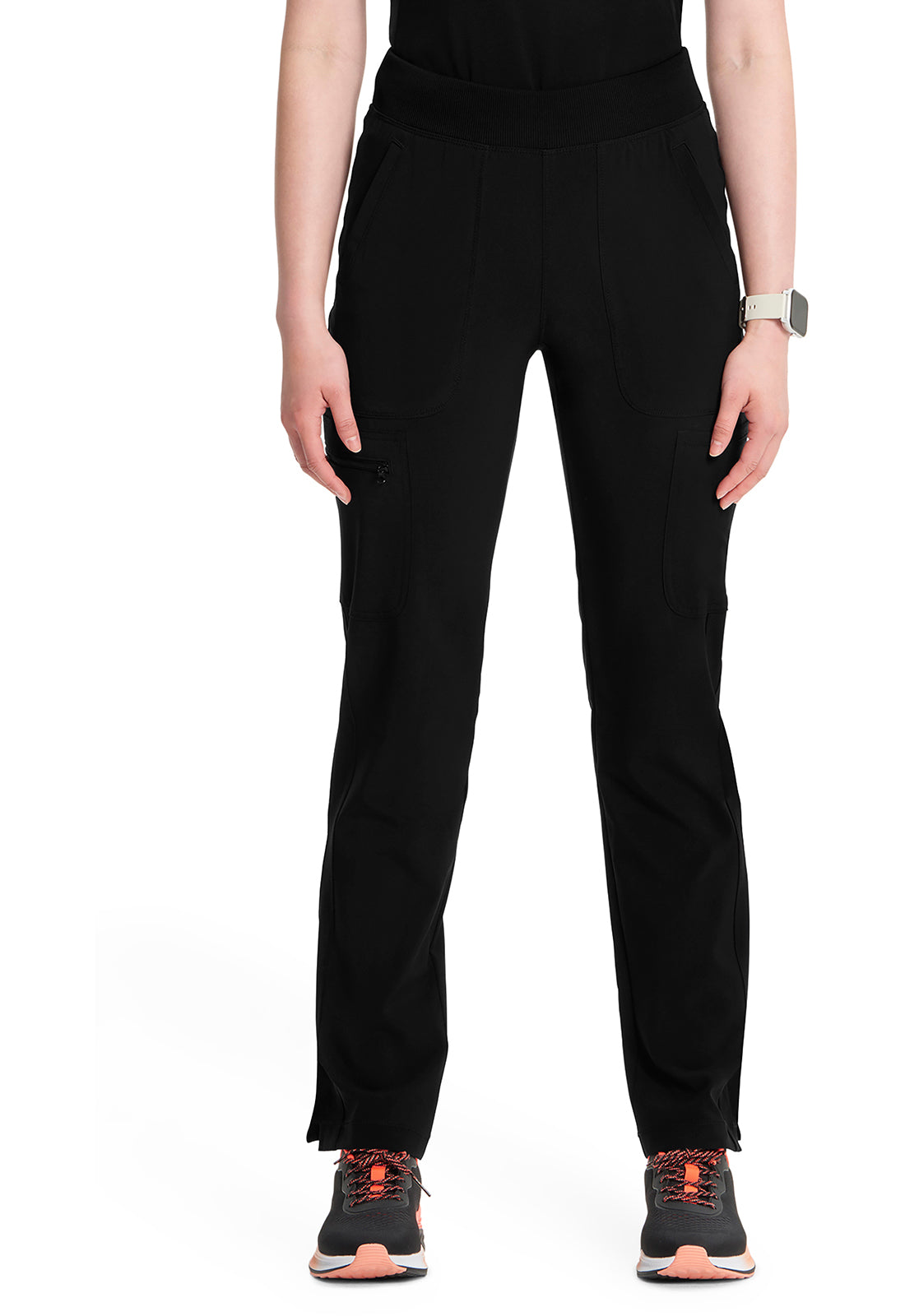 Classics CK065A Mid Rise Tapered Leg Pull-on Pants Black Model Image Front | Cherokee