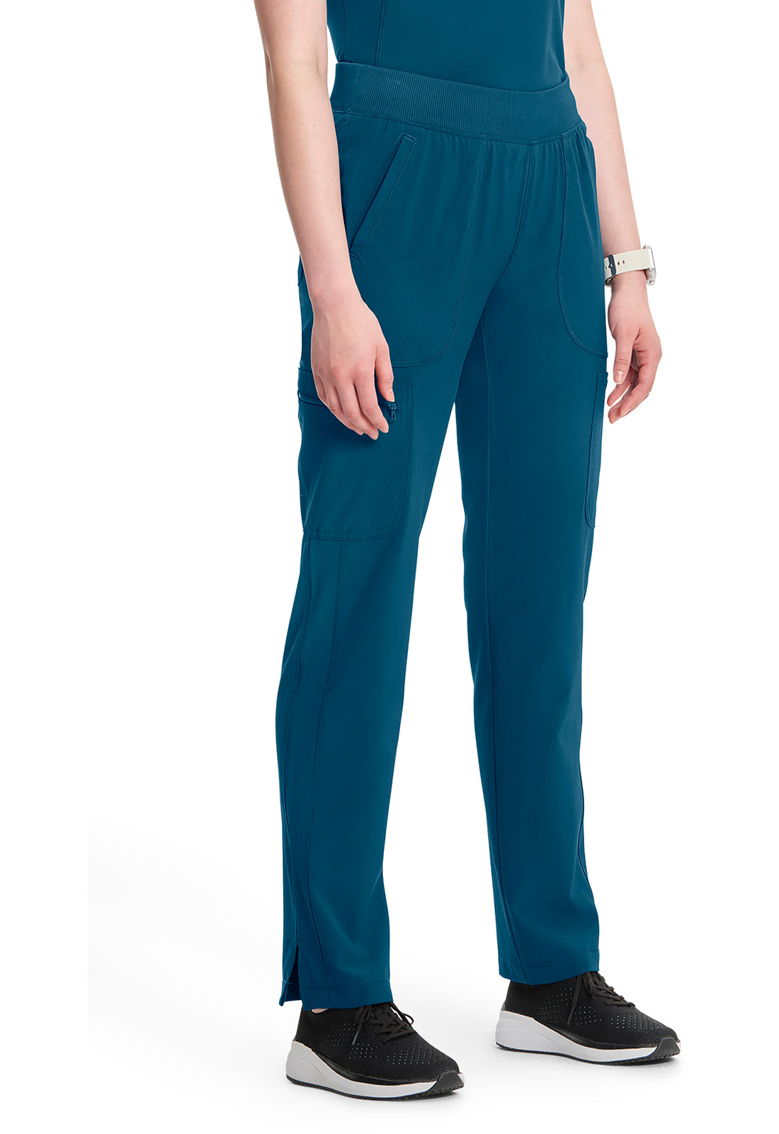 Classics CK065A Mid Rise Tapered Leg Pull-on Pants Caribbean Blue Model Image Left Side | Cherokee