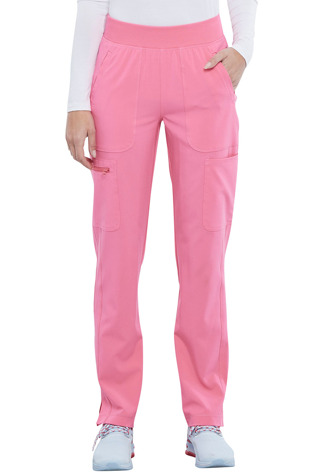 Classics CK065A Mid Rise Tapered Leg Pull-on Pants Miami Pink Model Image Front | Cherokee