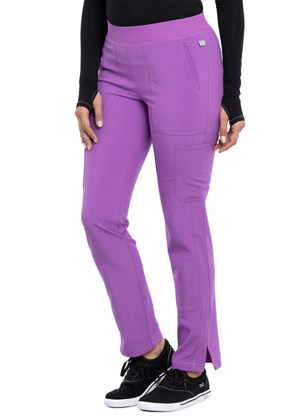 Classics CK065A Mid Rise Tapered Leg Pull-on Pants Purple Nitro Model Image Right Side | Cherokee