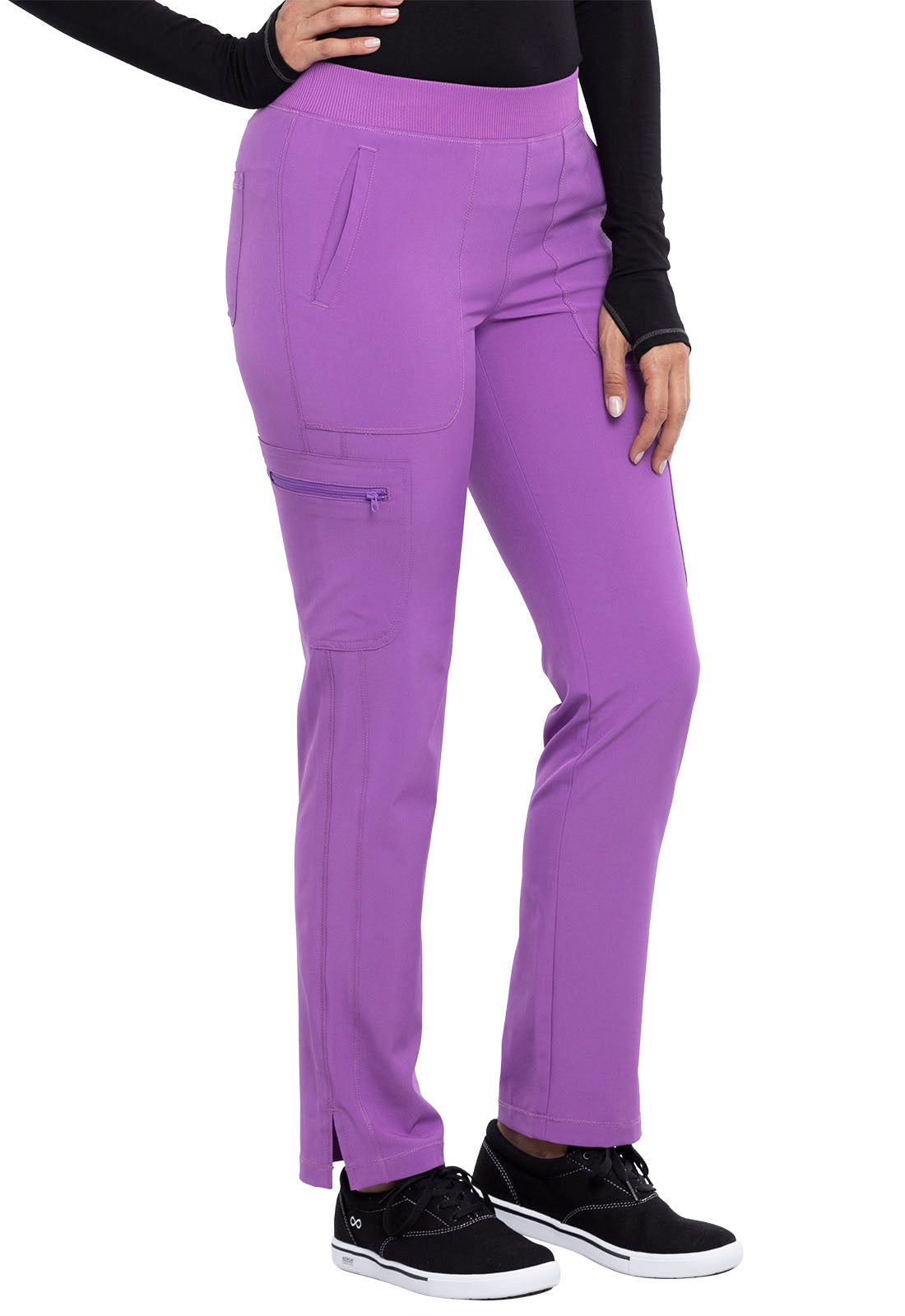 Classics CK065A Mid Rise Tapered Leg Pull-on Pants Purple Nitro Model Image Left Side | Cherokee