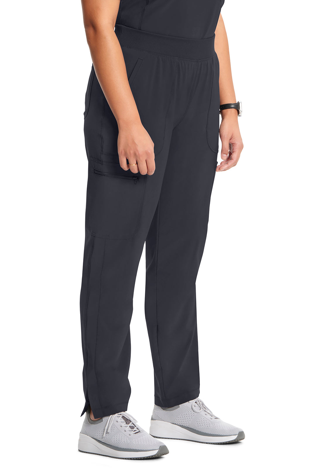 Classics CK065A Mid Rise Tapered Leg Pull-on Pants Pewter Model Image Left Side | Cherokee