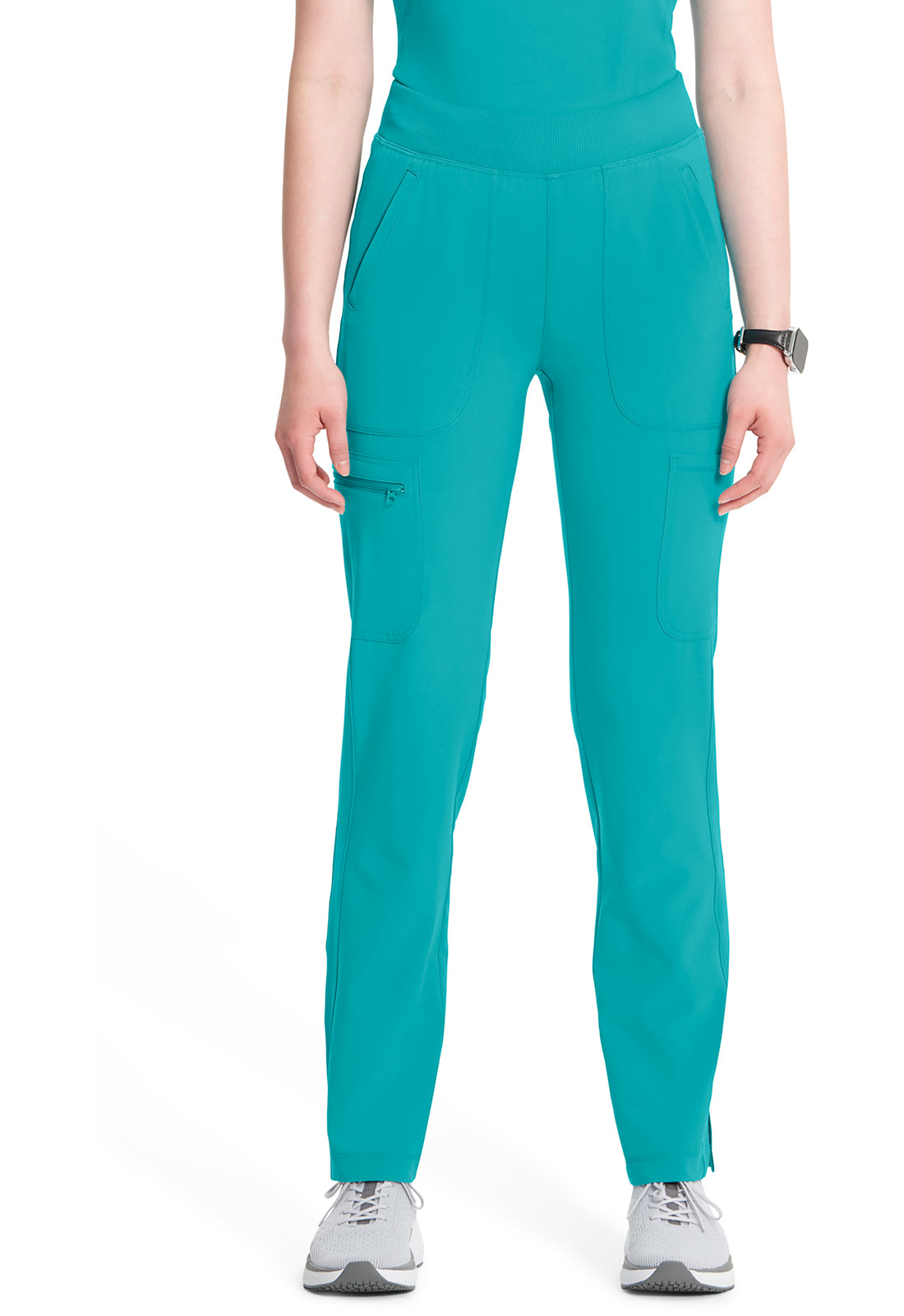 Classics CK065A Mid Rise Tapered Leg Pull-on Pants Teal Blue Model Image Front | Cherokee