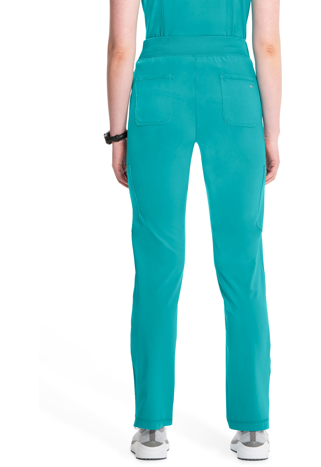 Classics CK065A Mid Rise Tapered Leg Pull-on Pants Teal Blue Model Image Back | Cherokee