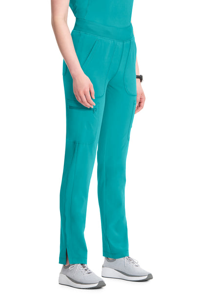 Classics CK065A Mid Rise Tapered Leg Pull-on Pants Teal Blue Model Image Left Side | Cherokee