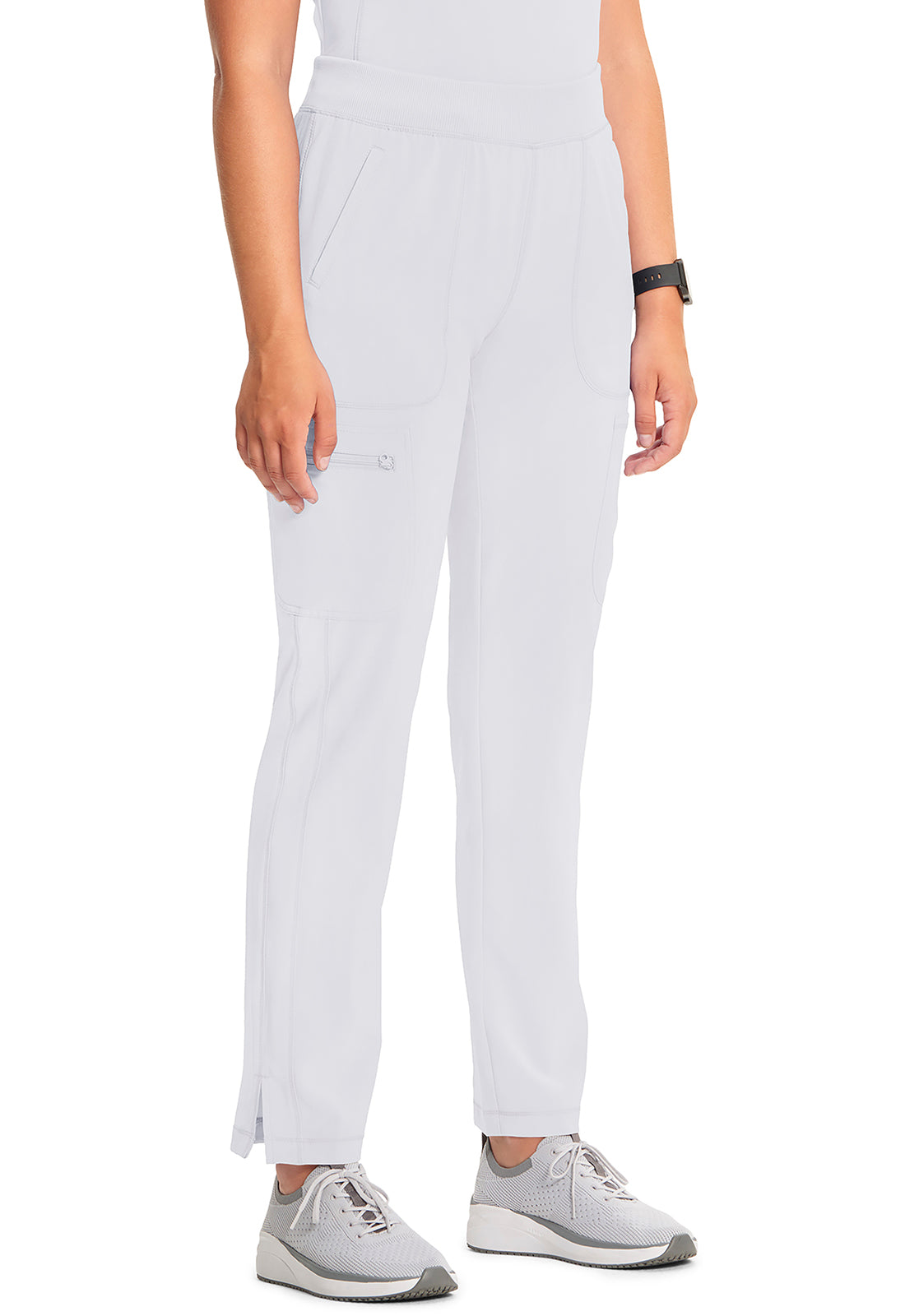 Classics CK065A Mid Rise Tapered Leg Pull-on Pants White Model Image Left Side | Cherokee