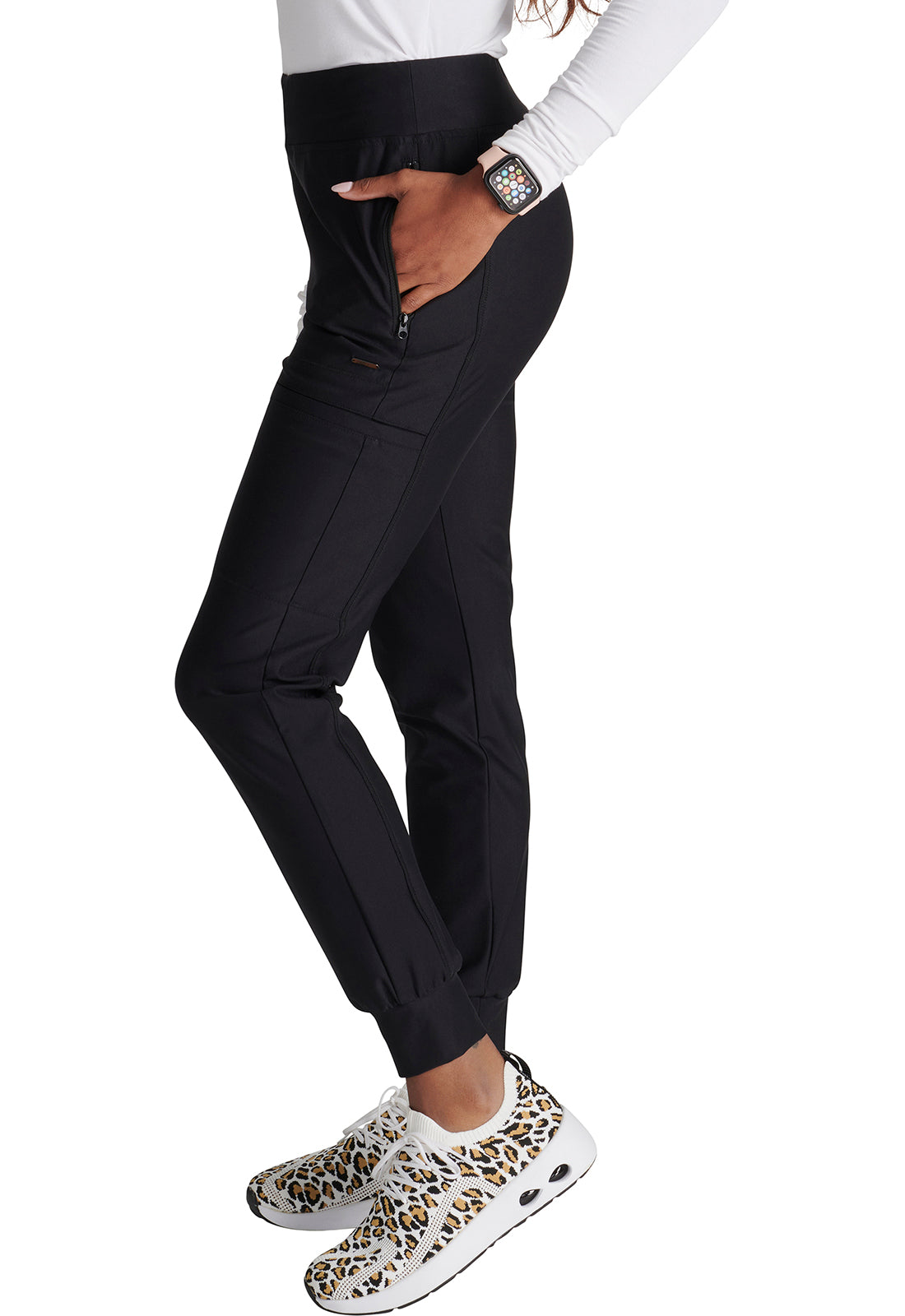 Form CK092 Mid Rise Tapered Leg Drawstring Pants Black Model Image Right Side | Cherokee