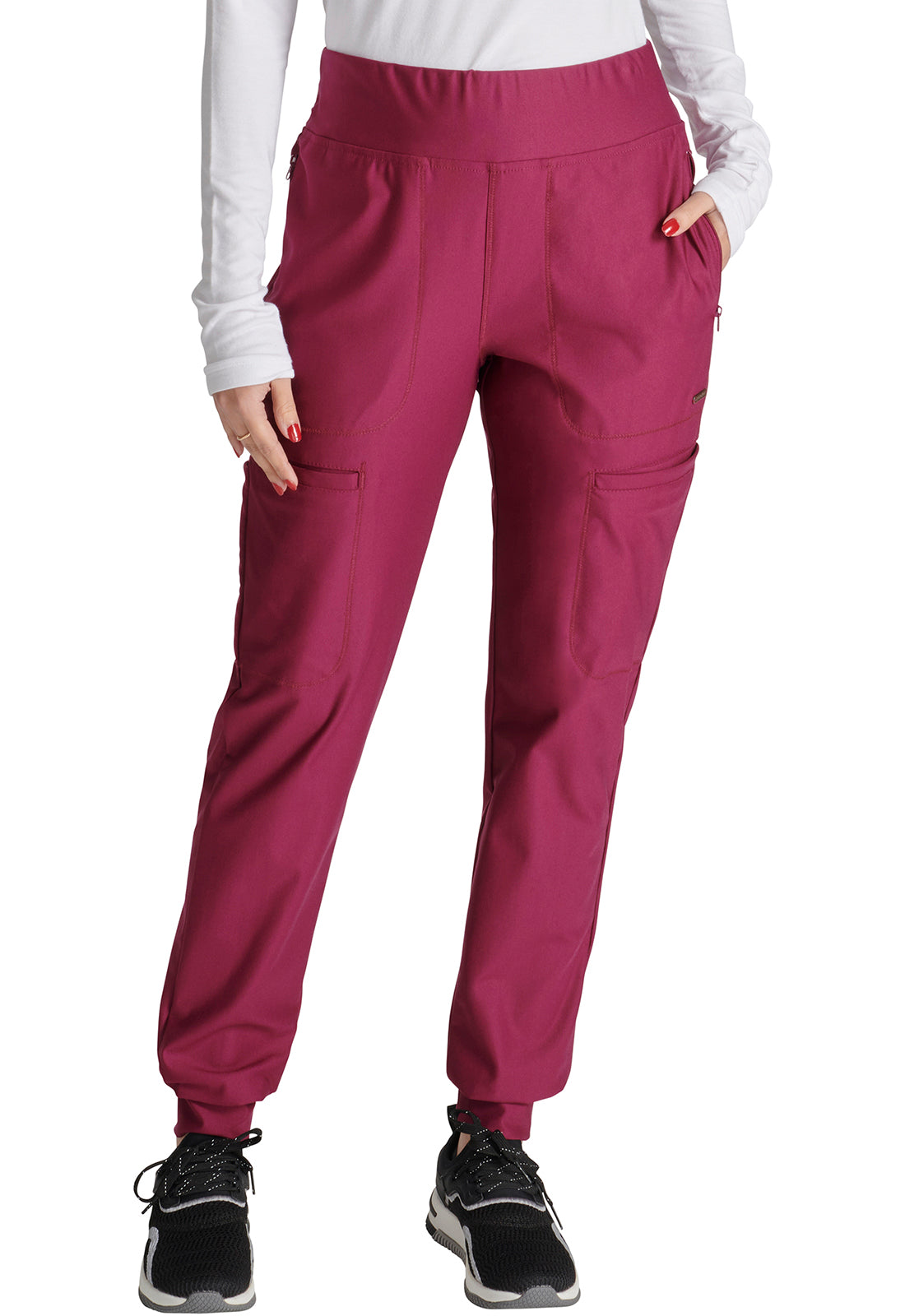 Form CK092 Mid Rise Tapered Leg Drawstring Pants Wine Model Image Front | Cherokee