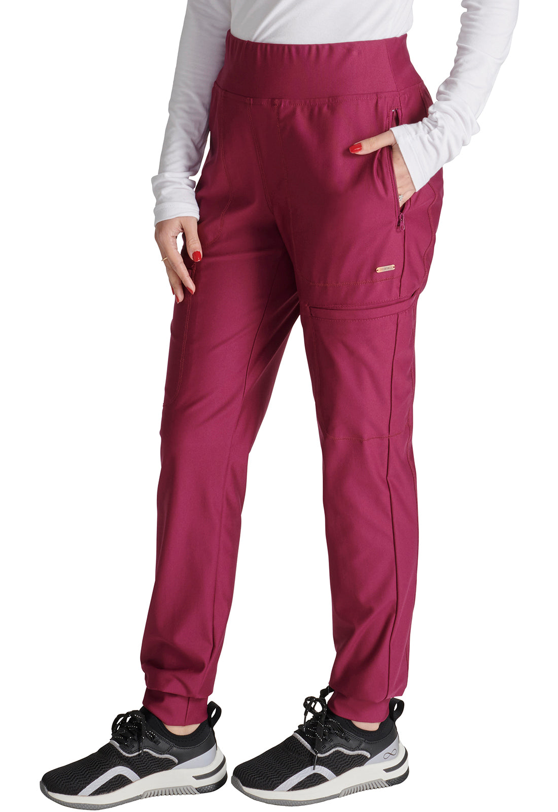 Form CK092 Mid Rise Tapered Leg Drawstring Pants Wine Model Image Right Side | Cherokee