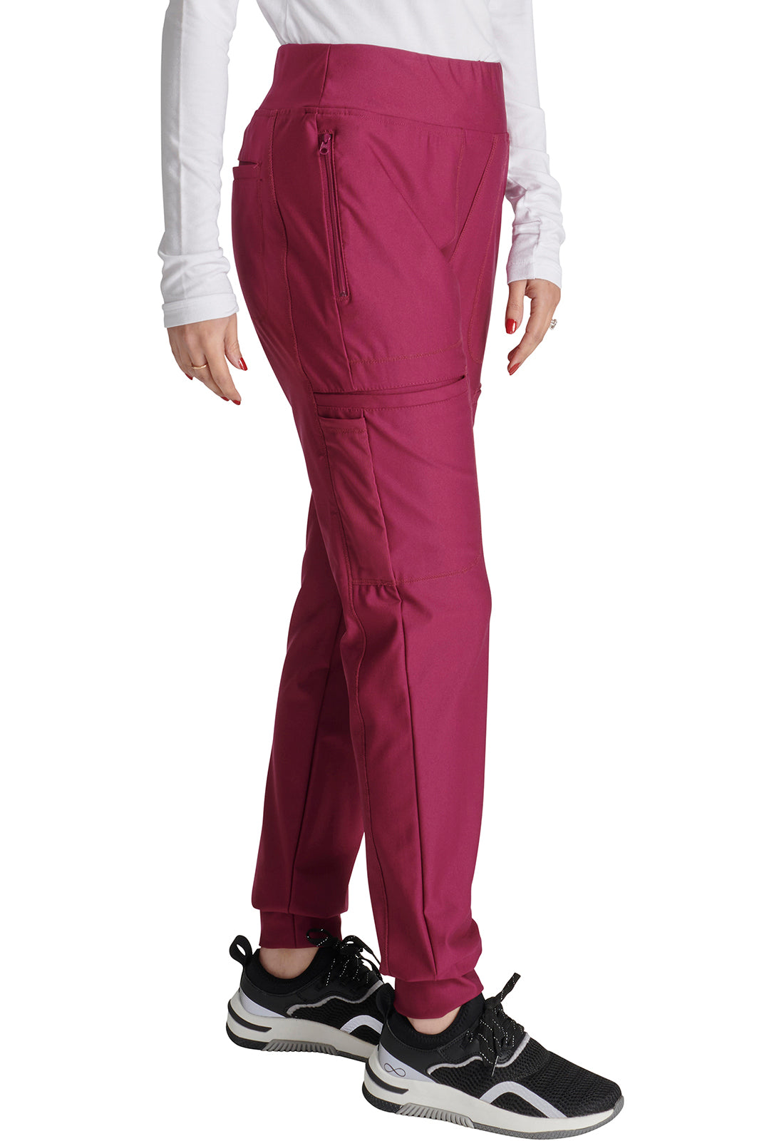 Form CK092 Mid Rise Tapered Leg Drawstring Pants Wine Model Image Left Side | Cherokee