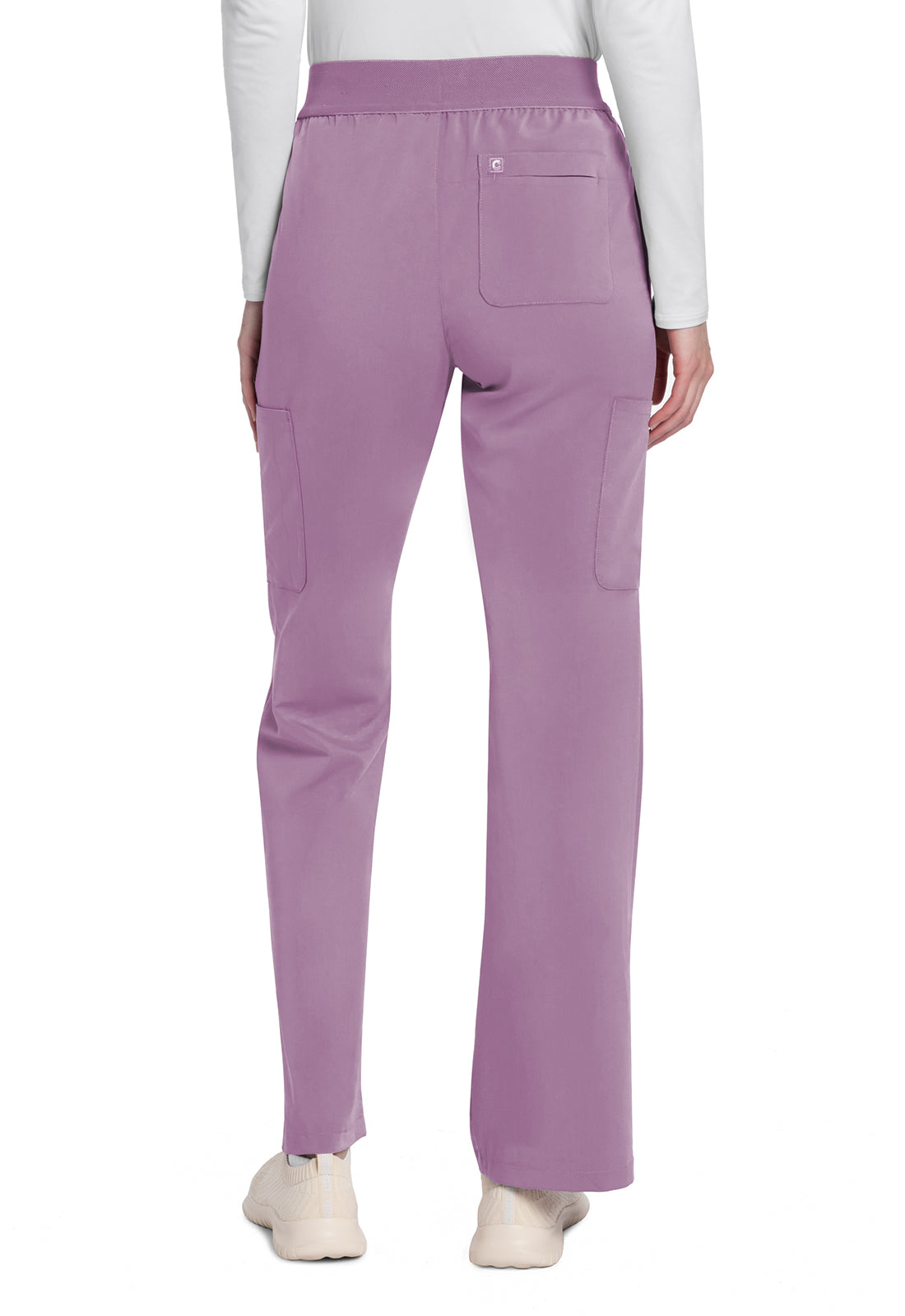 Atmos CK093A Mid Rise Pull-On Moderate Flare Leg Pants Mauve Haze Model Image Back | Cherokee