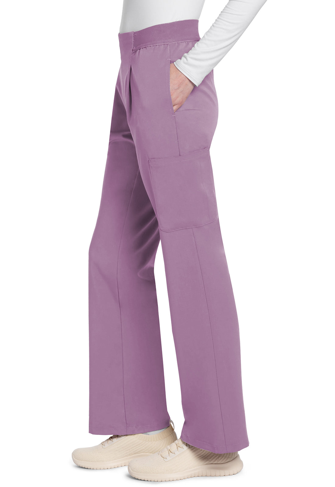 Atmos CK093A Mid Rise Pull-On Moderate Flare Leg Pants Mauve Haze Model Image Right Side | Cherokee