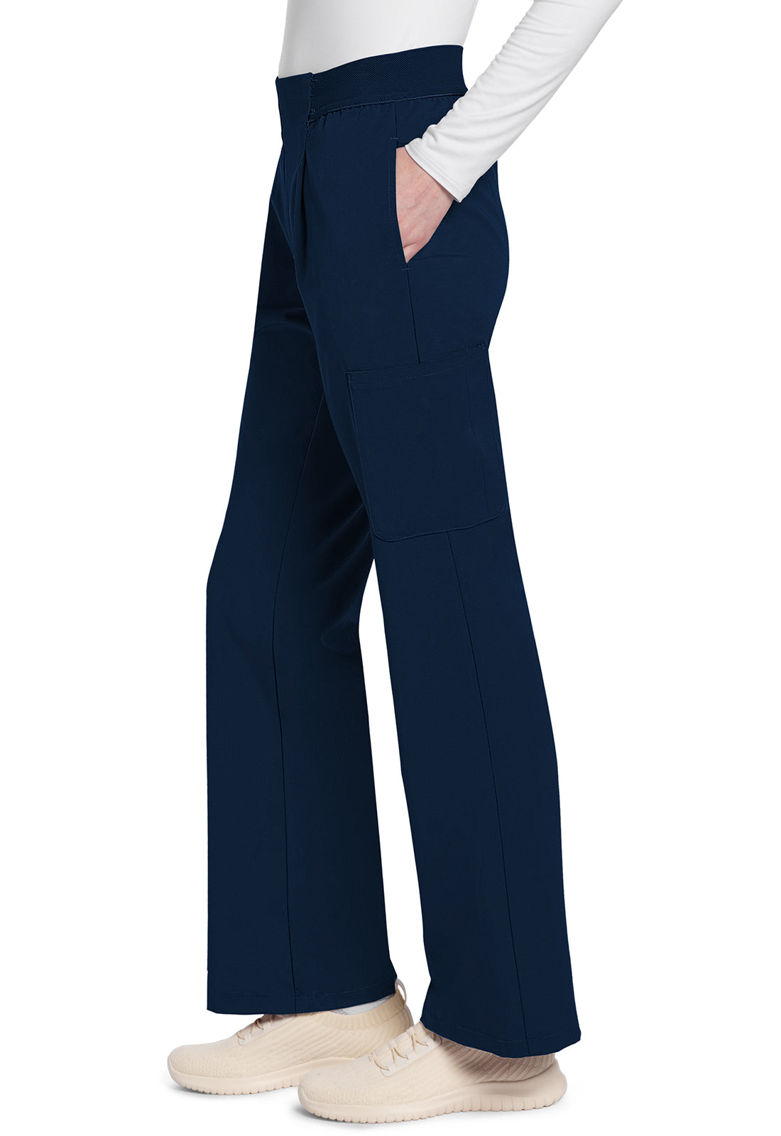 Atmos CK093A Mid Rise Pull-On Moderate Flare Leg Pants Navy Model Image Right Side | Cherokee