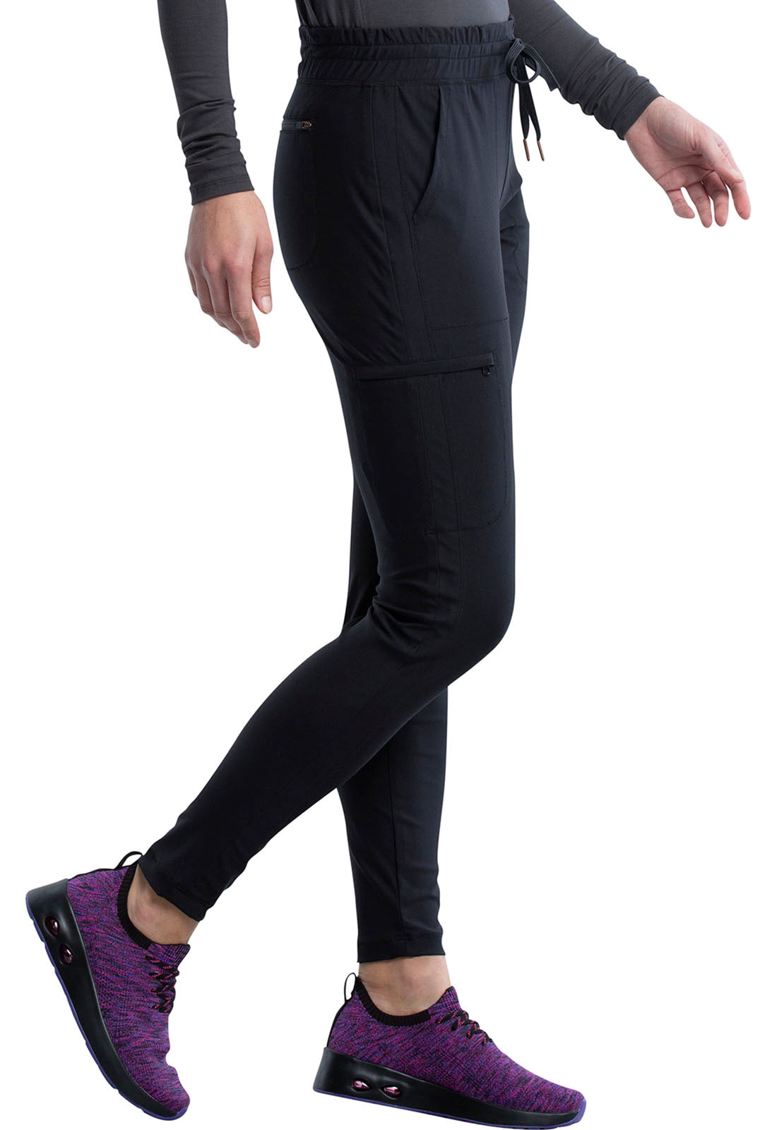 Form CK095 Mid Rise Tapered Leg Drawstring Pants Black Model Image Left Side | Cherokee