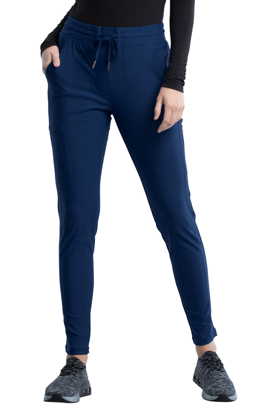 Form CK095 Mid Rise Tapered Leg Drawstring Pants Navy Model Image Front | Cherokee