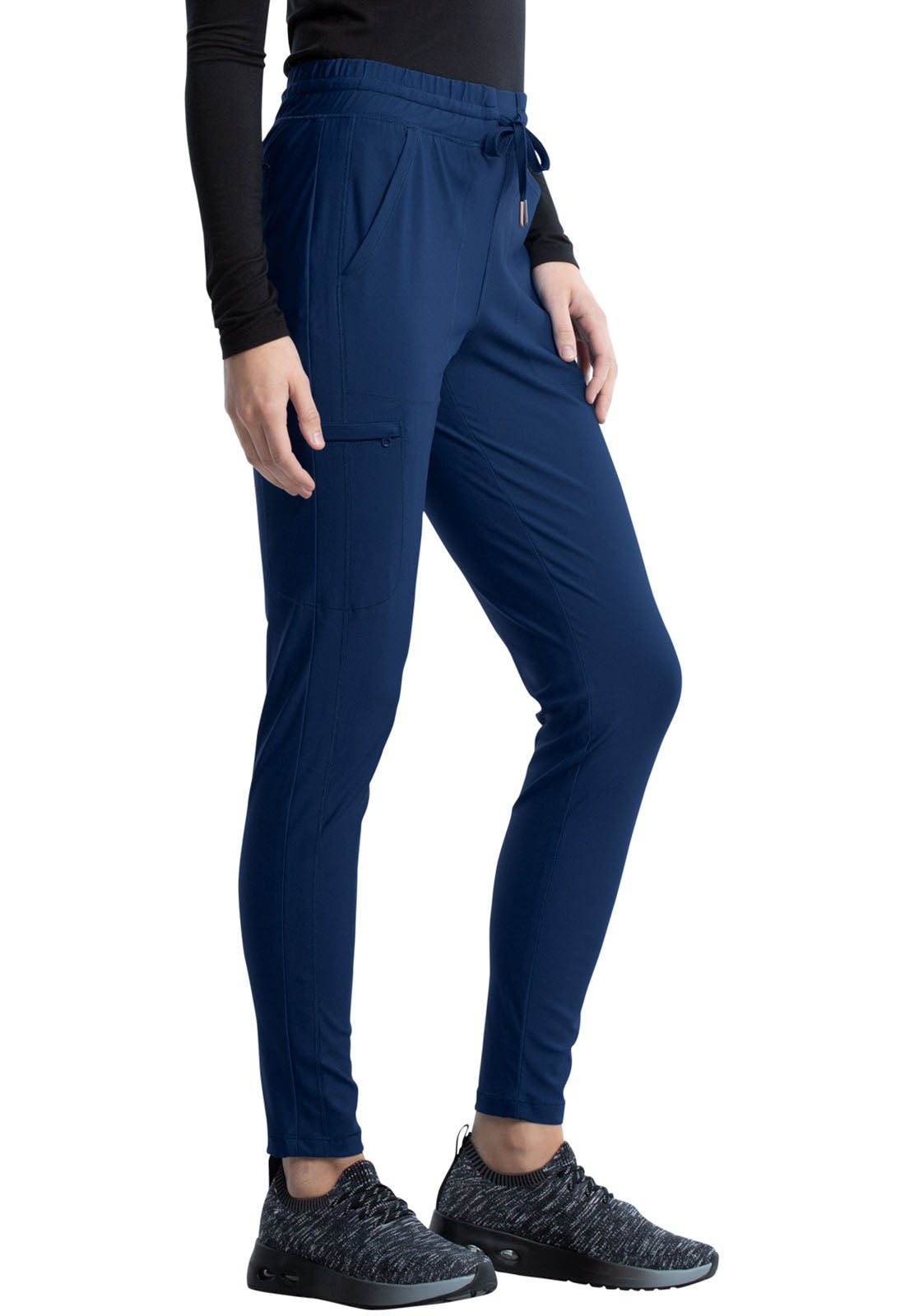 Form CK095 Mid Rise Tapered Leg Drawstring Pants Navy Model Image Left Side | Cherokee