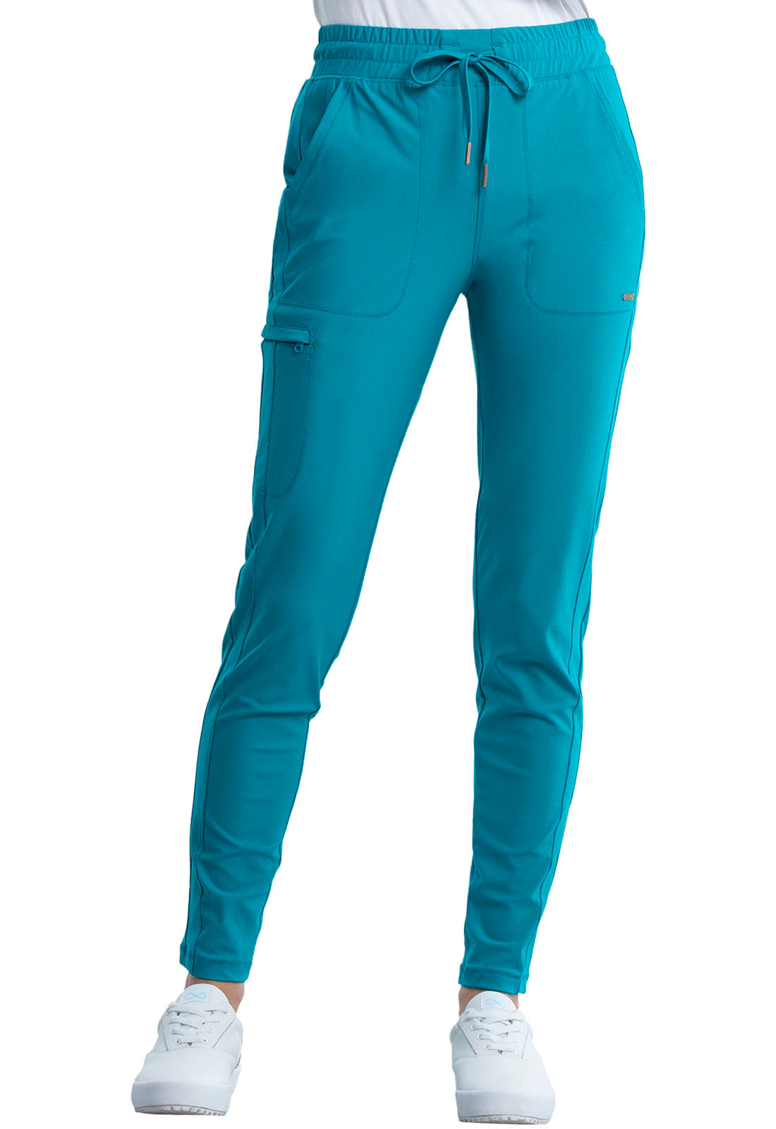 Form CK095 Mid Rise Tapered Leg Drawstring Pants Teal Blue Model Image Front | Cherokee